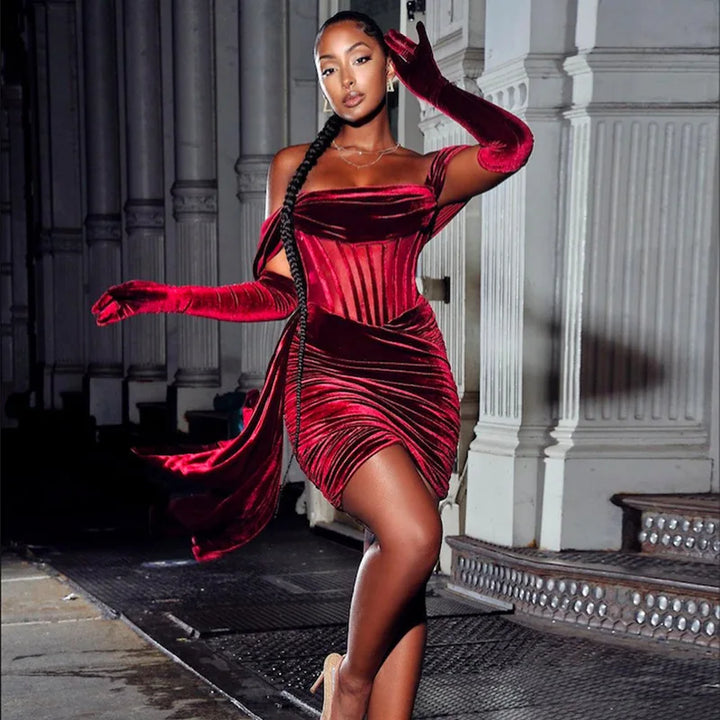 Off Shoulder Pleated Dress Women Mini Dress Lady Slim Fit Party Dress