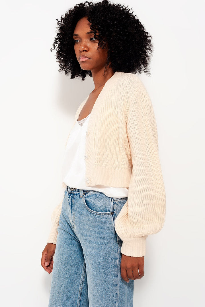 Cream Diamond Button Detail Cardigan with Long Sleeves