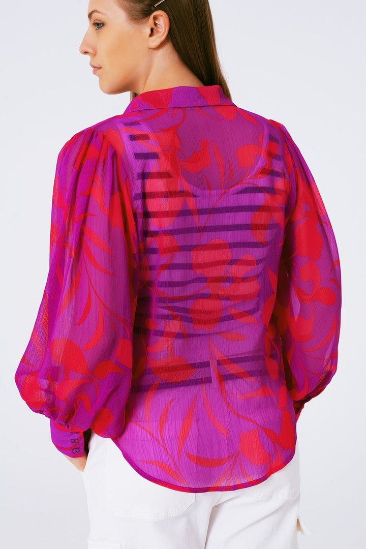 Fuchsia Floral Chiffon Blouse with Polo Collar
