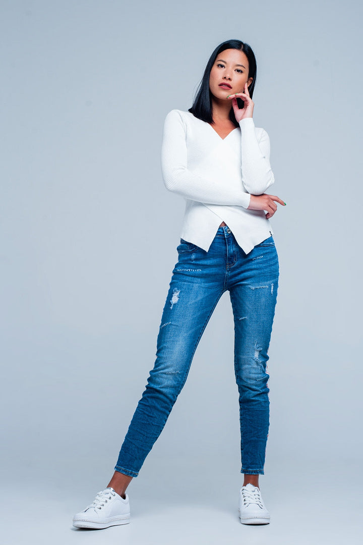 Cream Ribbed V-Neck Sweater for Timeless Style