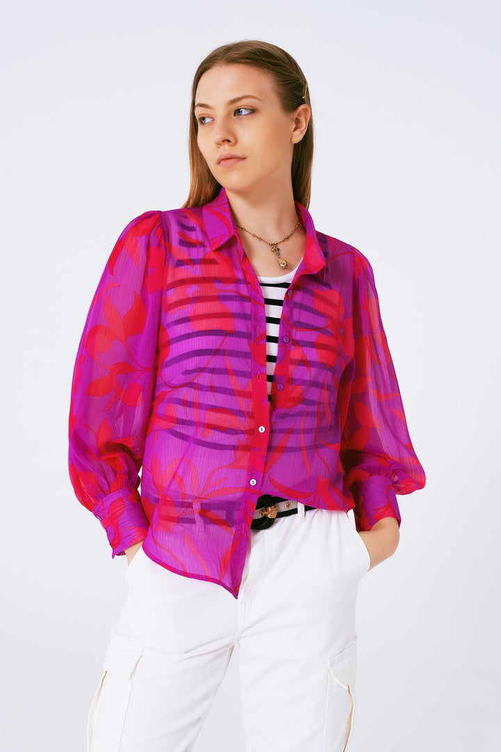 Fuchsia Floral Chiffon Blouse with Polo Collar