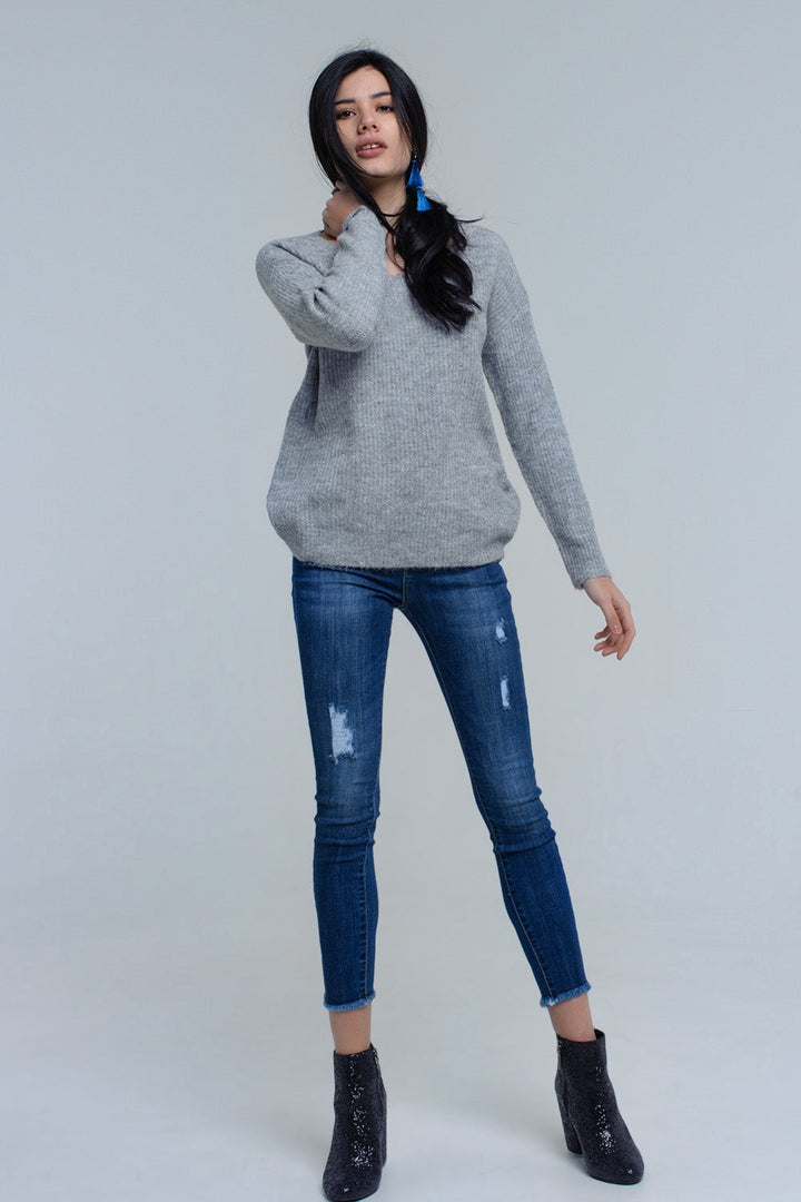Soft Gray Knitted Sweater with Stylish Tie-Back Closure
