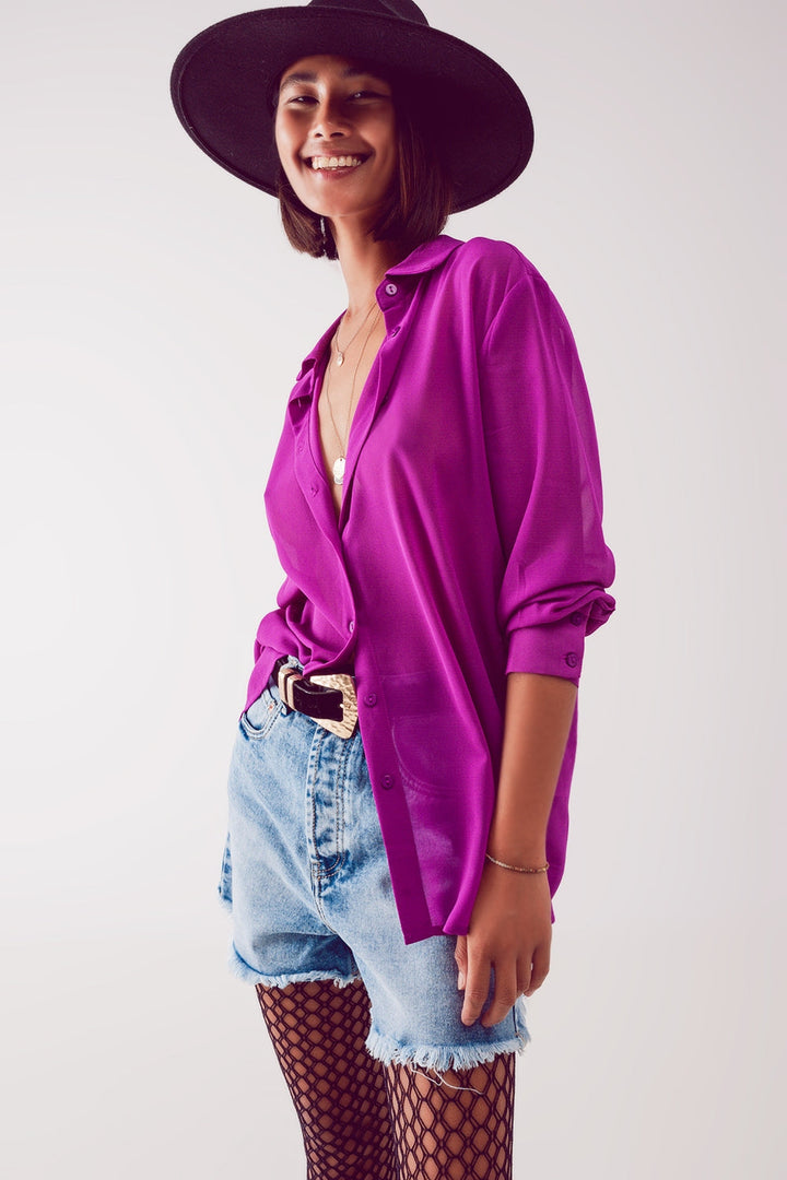 Elegant Purple Chiffon Blouse with Wide Collar