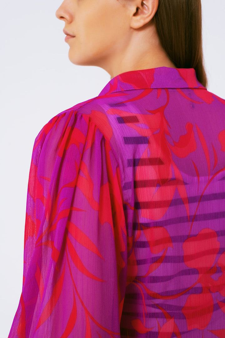 Fuchsia Floral Chiffon Blouse with Polo Collar
