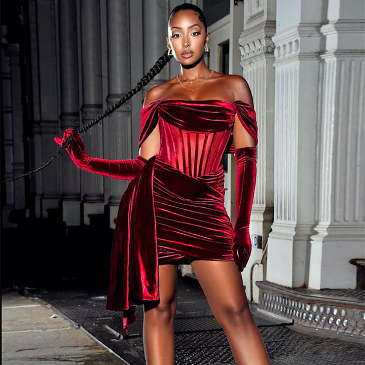 Off Shoulder Pleated Dress Women Mini Dress Lady Slim Fit Party Dress