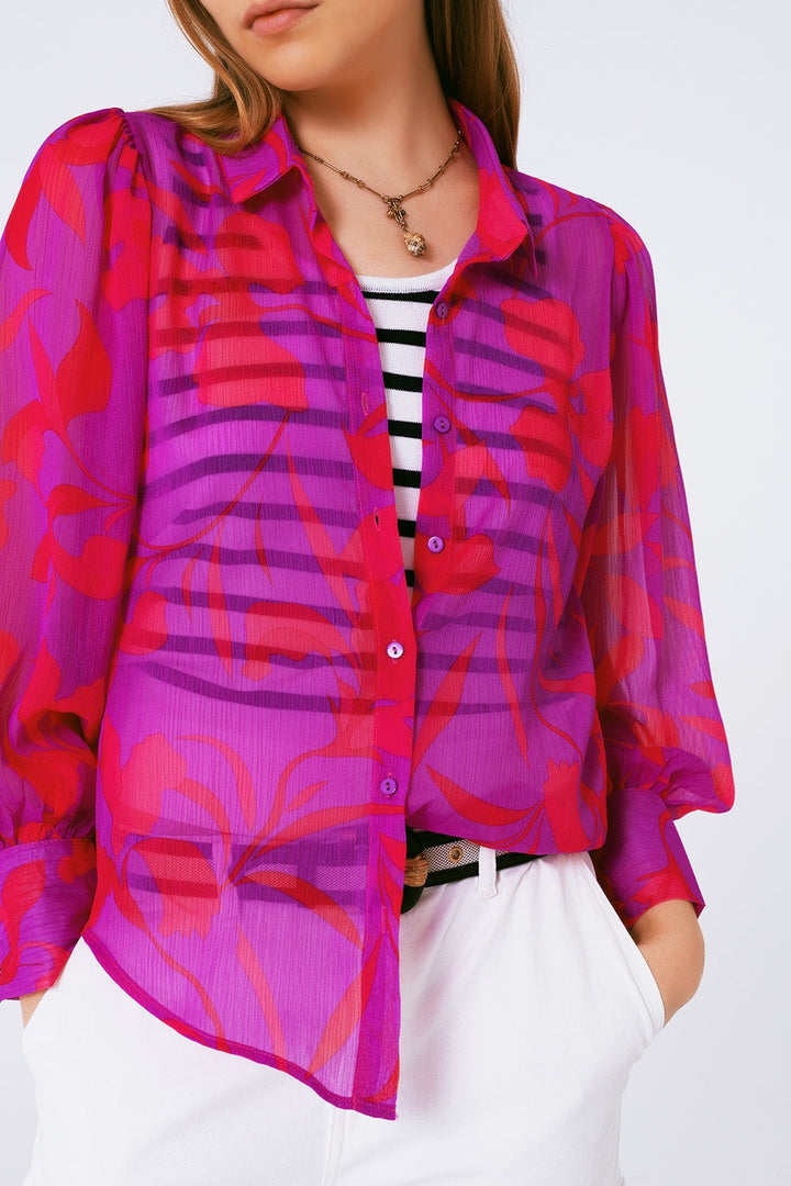 Fuchsia Floral Chiffon Blouse with Polo Collar