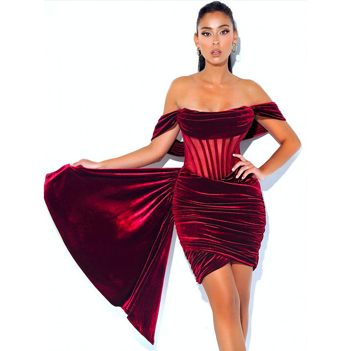 Off Shoulder Pleated Dress Women Mini Dress Lady Slim Fit Party Dress
