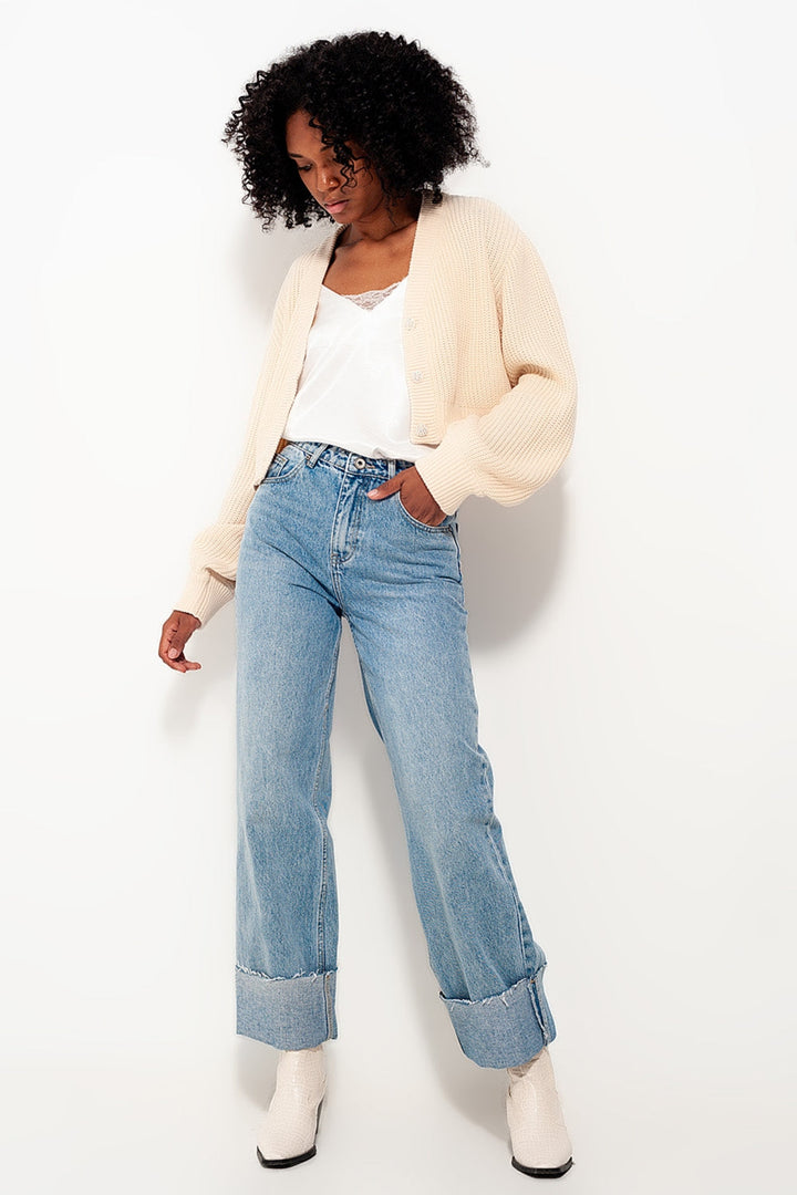 Cream Diamond Button Detail Cardigan with Long Sleeves