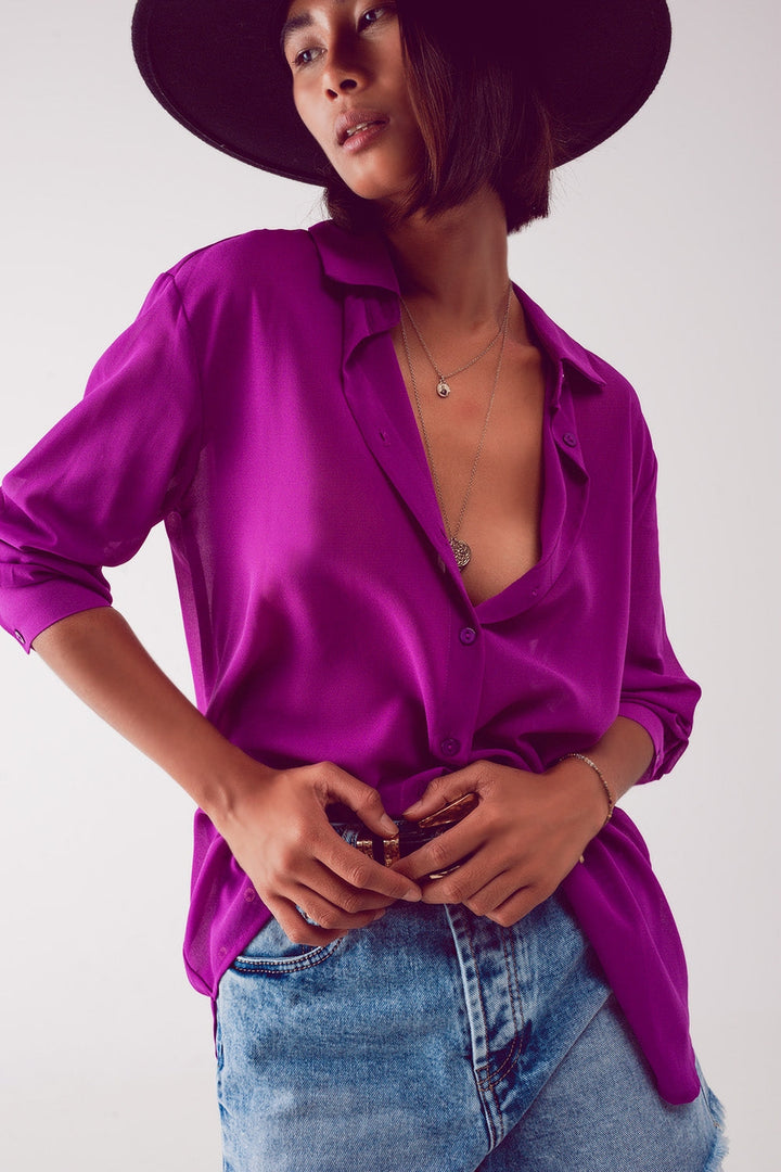 Elegant Purple Chiffon Blouse with Wide Collar