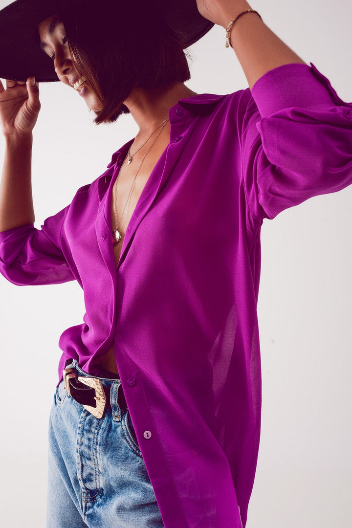 Elegant Purple Chiffon Blouse with Wide Collar