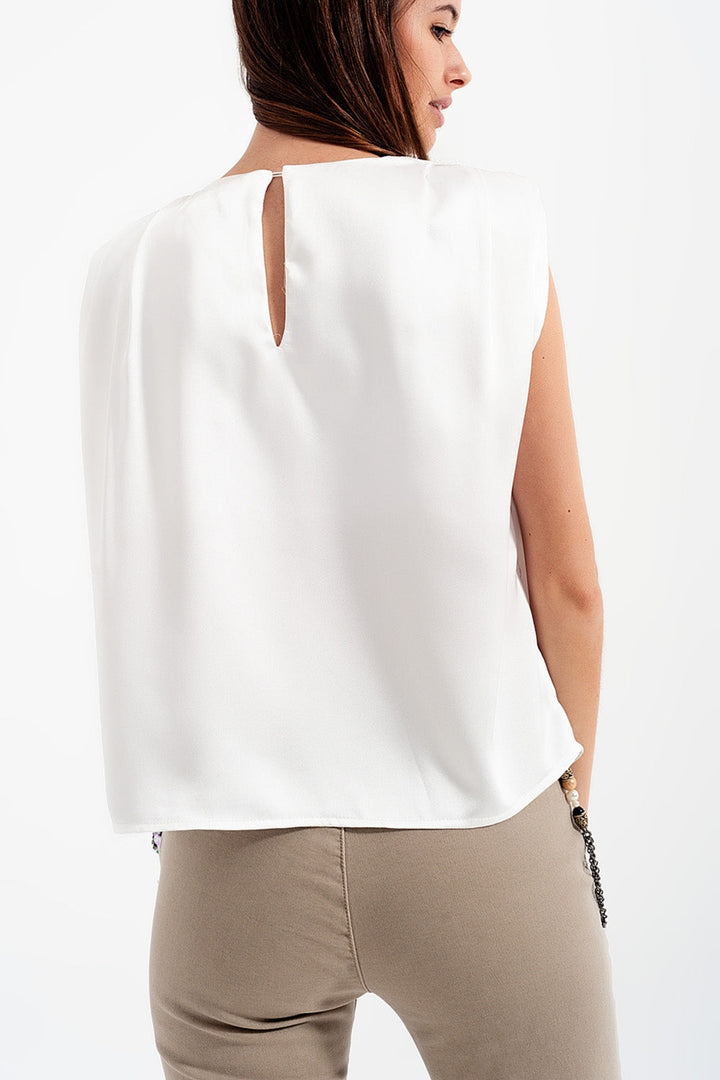 White Satin Sleeveless Top with Shoulder Pads