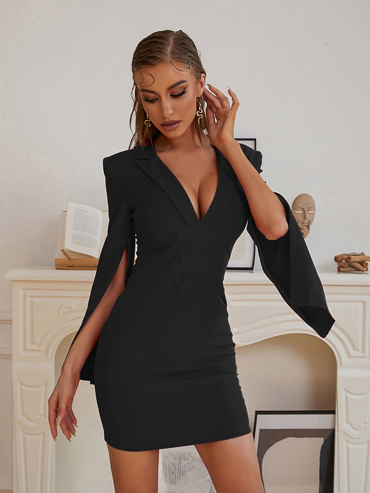 Neck Blazer Dress Slit Sleeves Office Elegant Lady Mini Dress