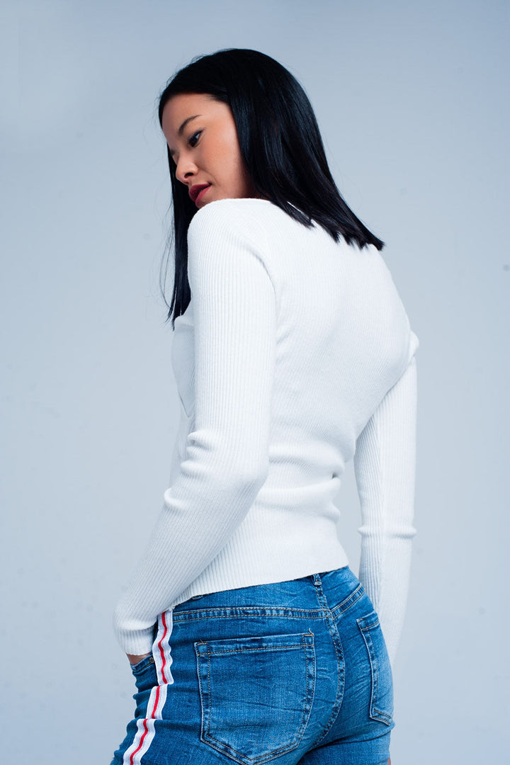 Cream Ribbed V-Neck Sweater for Timeless Style