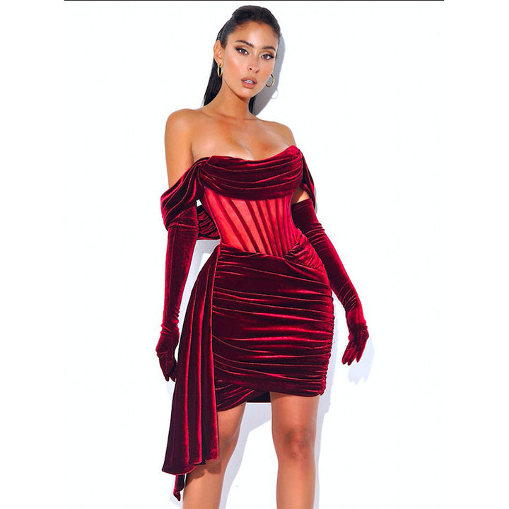 Off Shoulder Pleated Dress Women Mini Dress Lady Slim Fit Party Dress