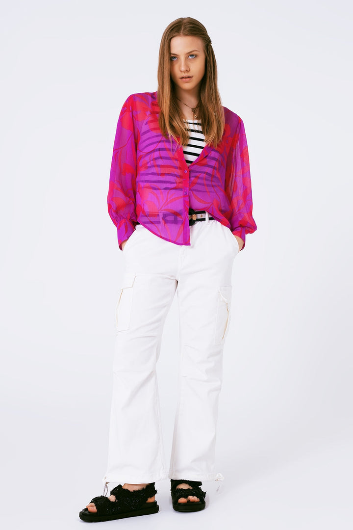 Fuchsia Floral Chiffon Blouse with Polo Collar