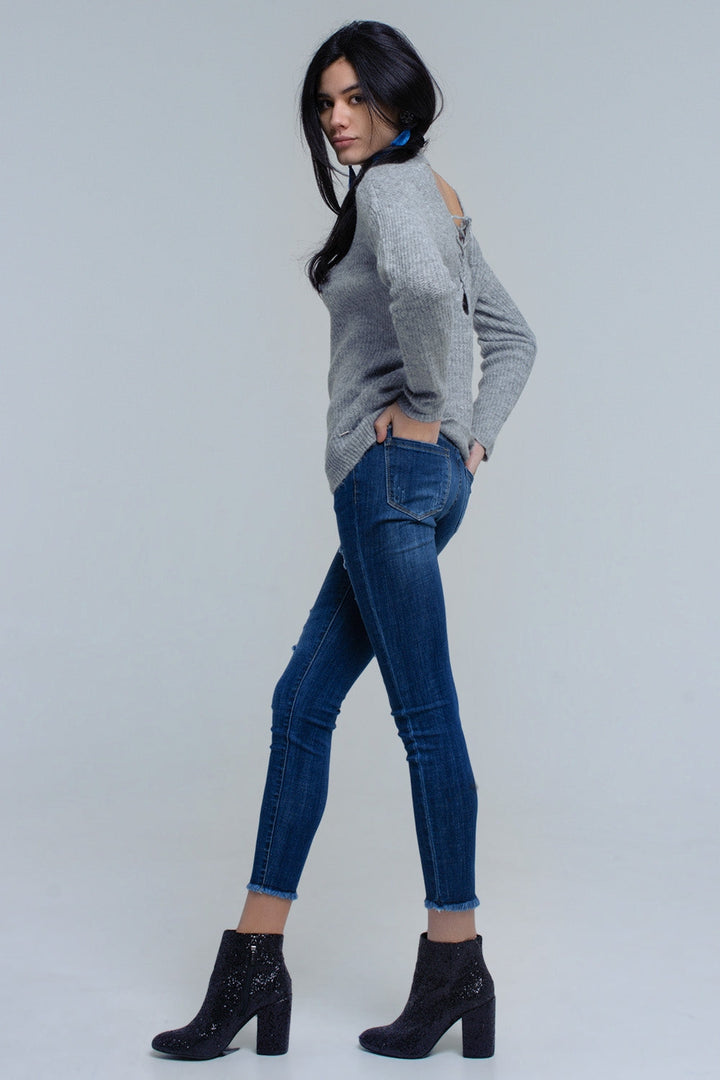 Soft Gray Knitted Sweater with Stylish Tie-Back Closure