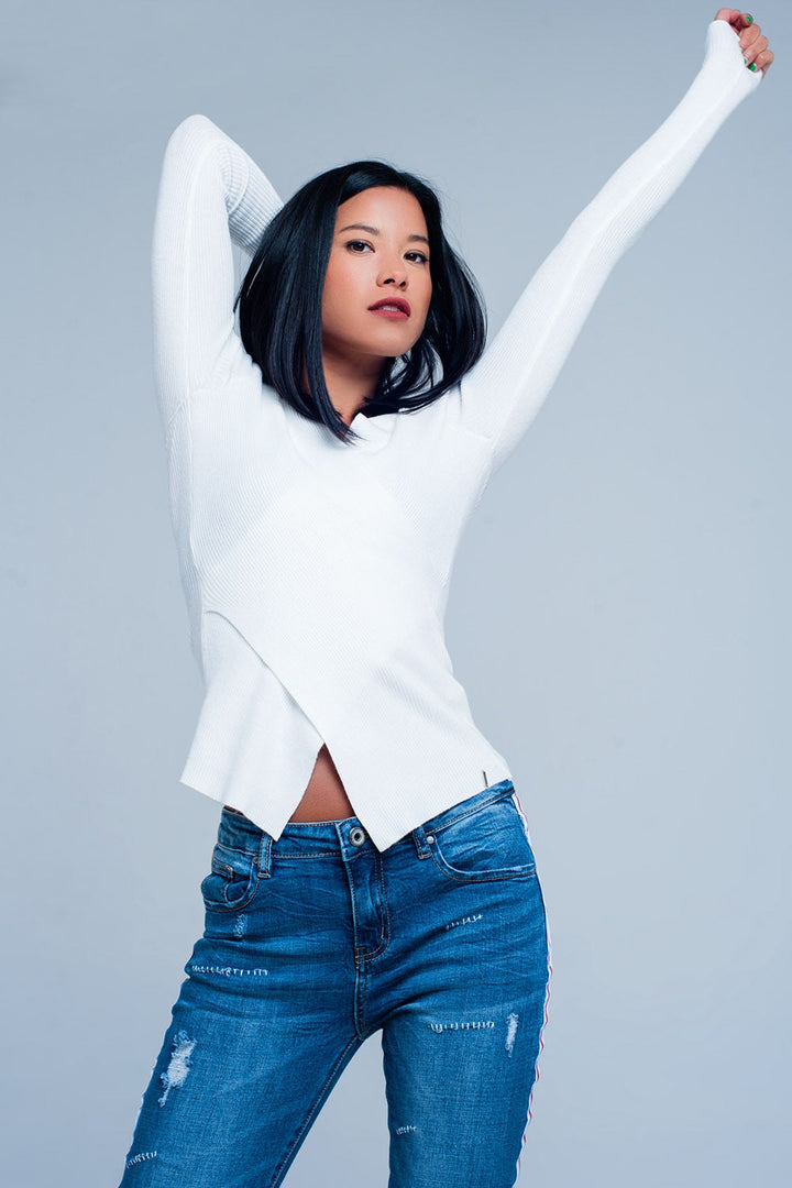 Cream Ribbed V-Neck Sweater for Timeless Style