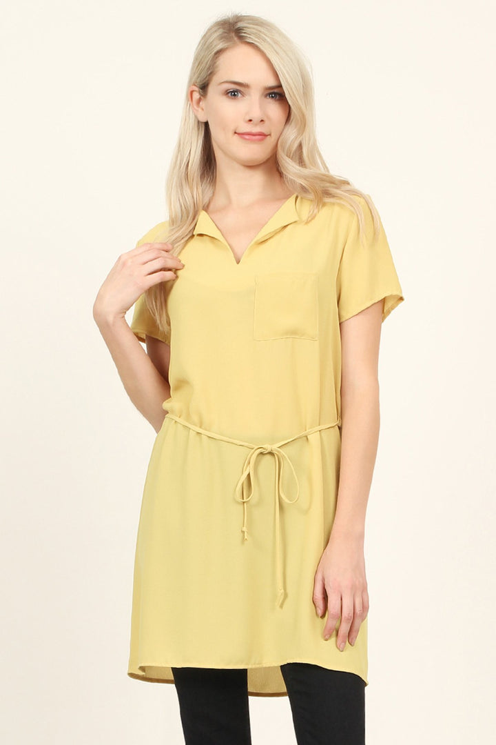 Self Tie Waist Pocket Tunic Blouse