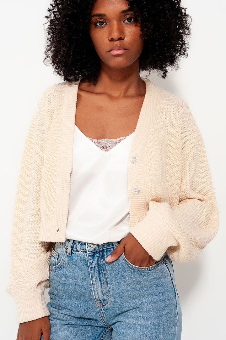 Cream Diamond Button Detail Cardigan with Long Sleeves