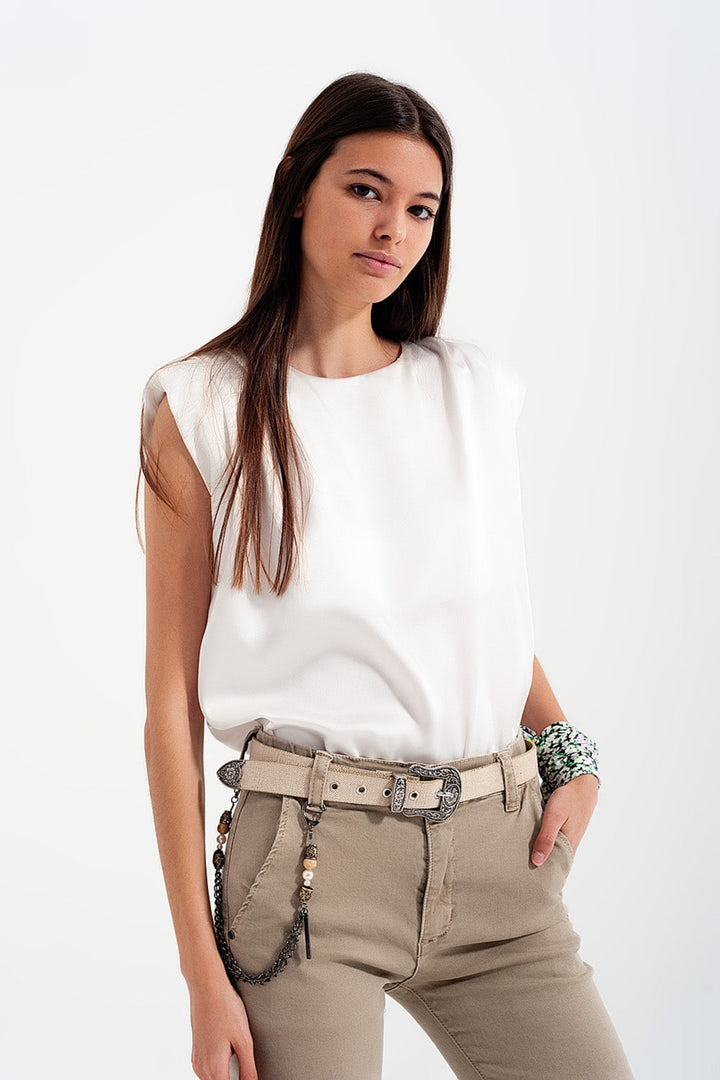 White Satin Sleeveless Top with Shoulder Pads