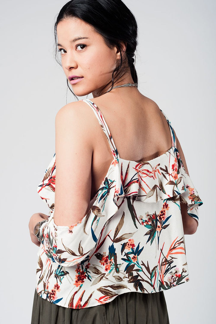 Ecru Cold-Shoulder Leaf Print Top with Bardot Neckline