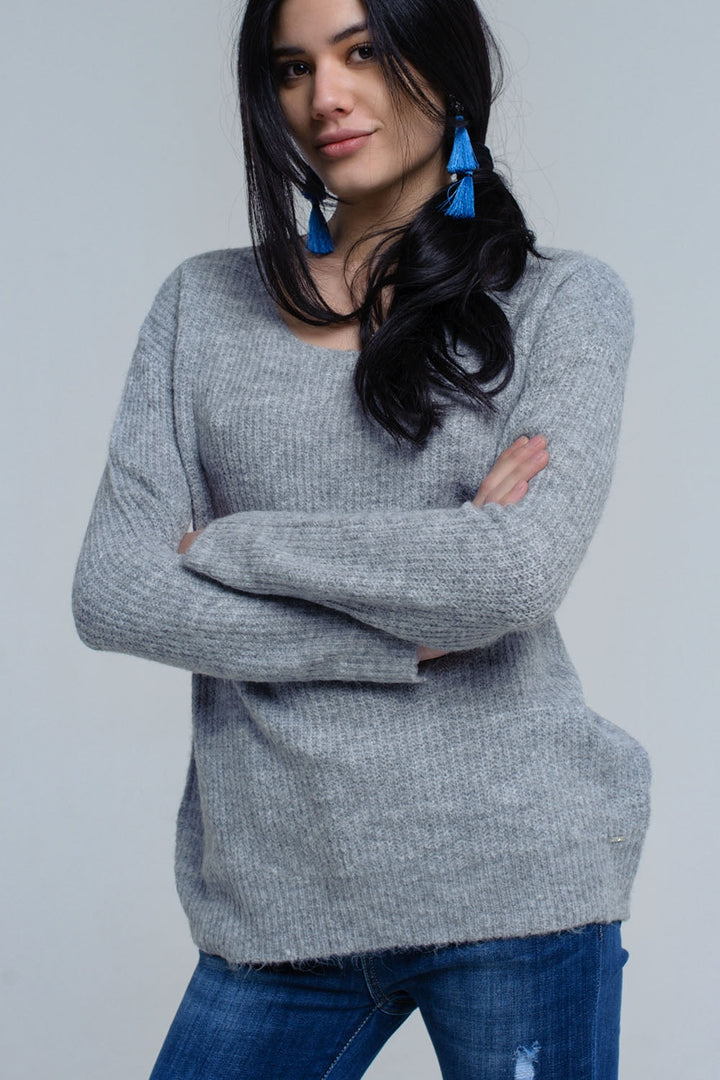 Soft Gray Knitted Sweater with Stylish Tie-Back Closure