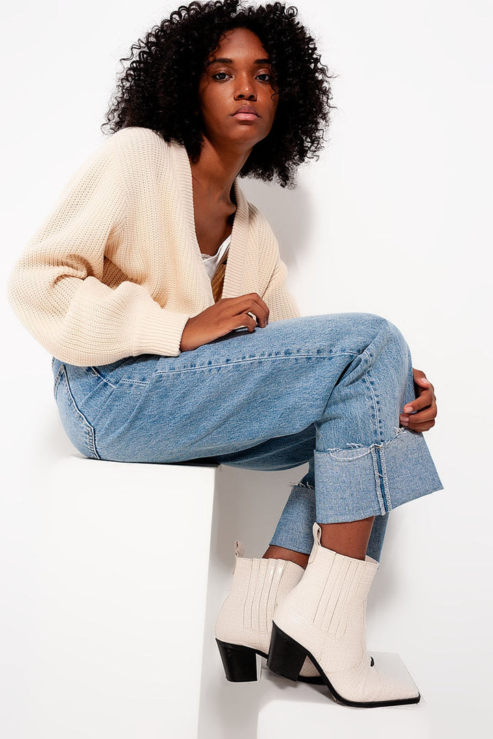 Cream Diamond Button Detail Cardigan with Long Sleeves