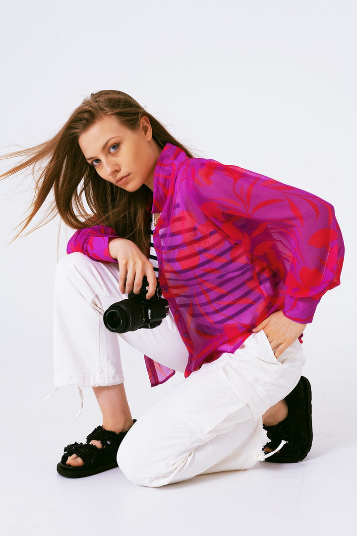 Fuchsia Floral Chiffon Blouse with Polo Collar