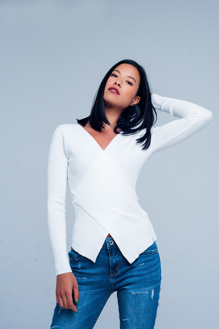 Cream Ribbed V-Neck Sweater for Timeless Style