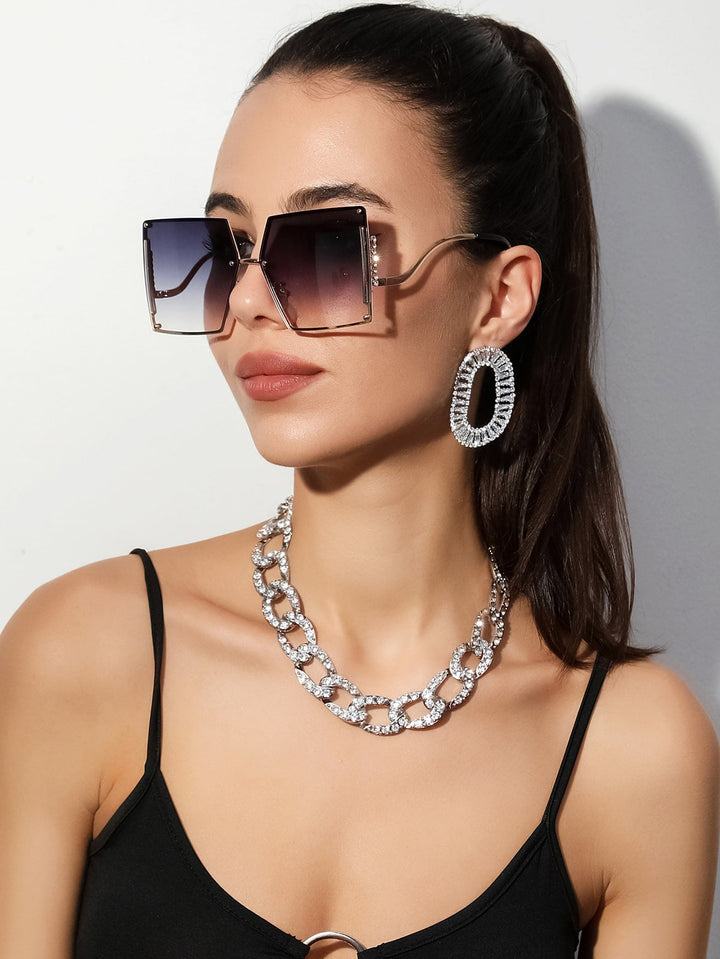 Rhinestone-Embellished Square Frame Sunglasses