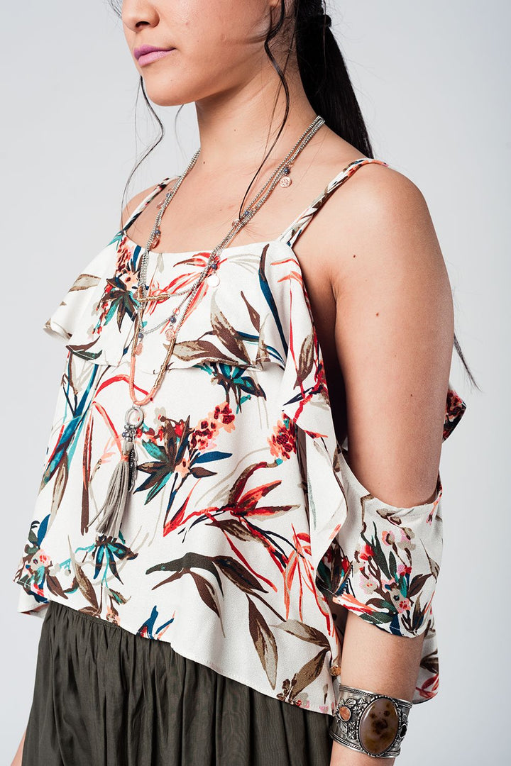 Ecru Cold-Shoulder Leaf Print Top with Bardot Neckline