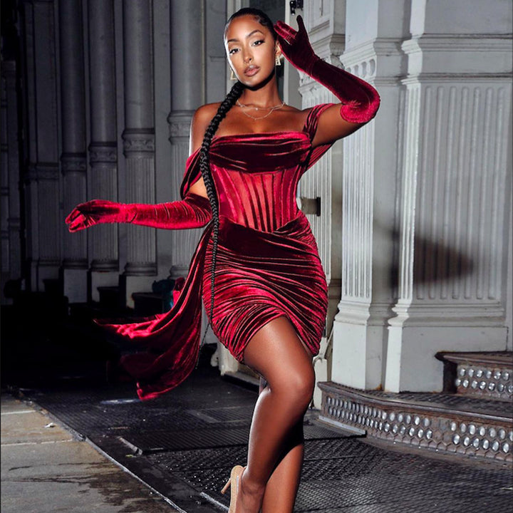 Off Shoulder Pleated Dress Women Mini Dress Lady Slim Fit Party Dress