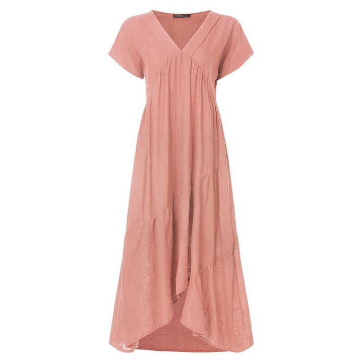 Bohemian Breeze Women's Midi Sundress: Chic V-Neck, Asymmetrical Hem, Ruffle Detail