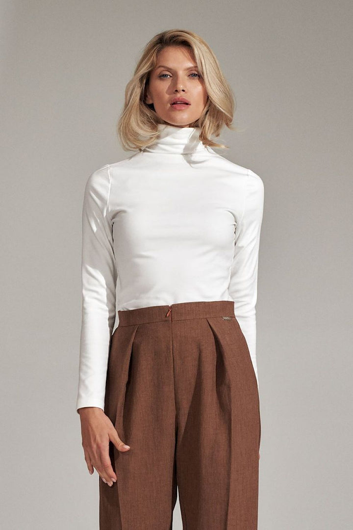 Classic Ecru Turtleneck Blouse with Long Sleeves