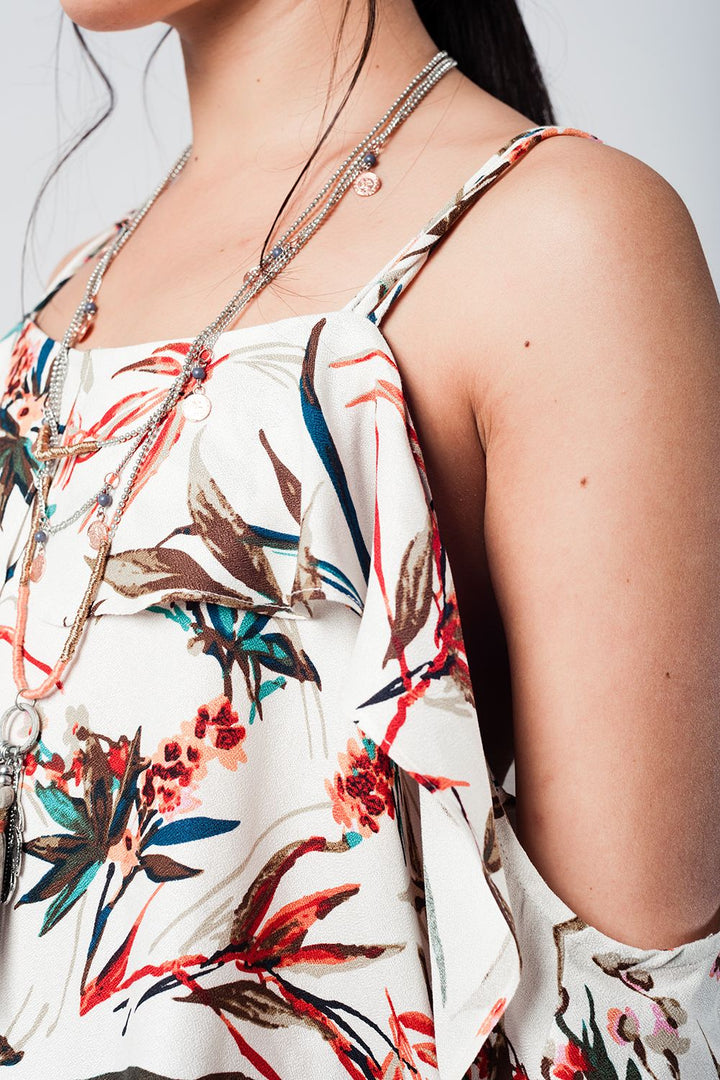 Ecru Cold-Shoulder Leaf Print Top with Bardot Neckline