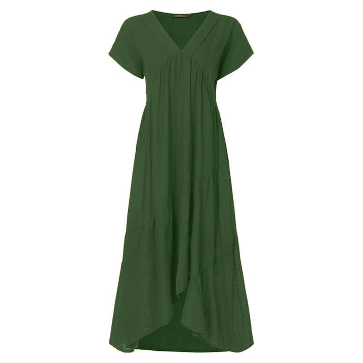 Bohemian Breeze Women's Midi Sundress: Chic V-Neck, Asymmetrical Hem, Ruffle Detail