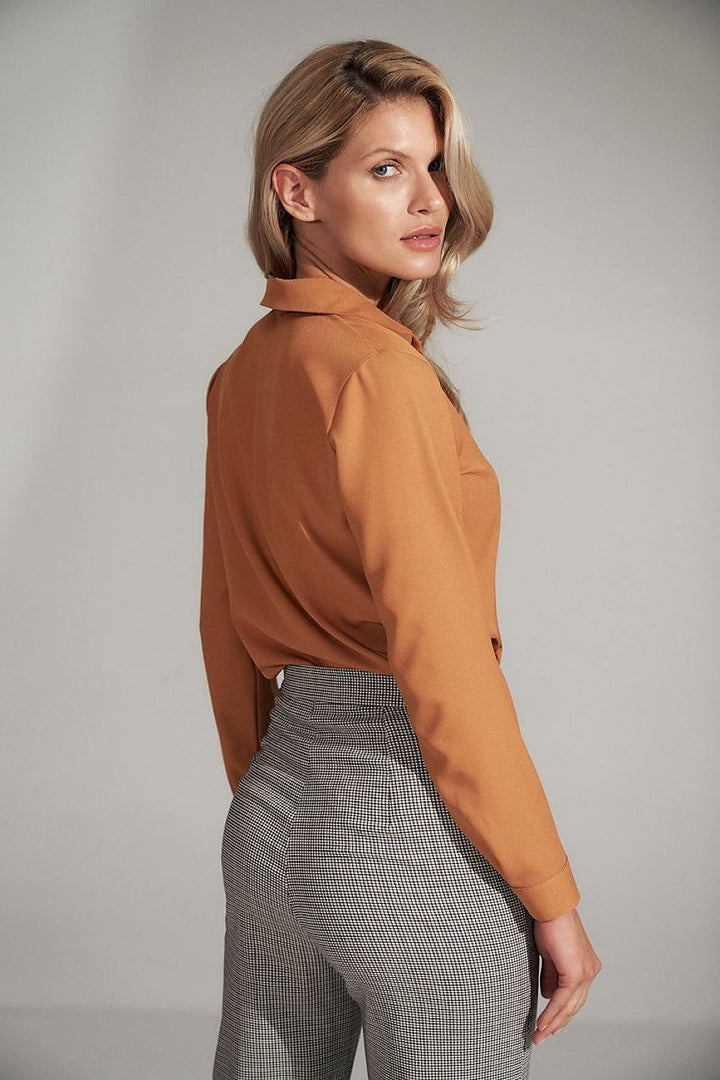 Brown Blouse with Pleated Collar and Jersey Neckline
