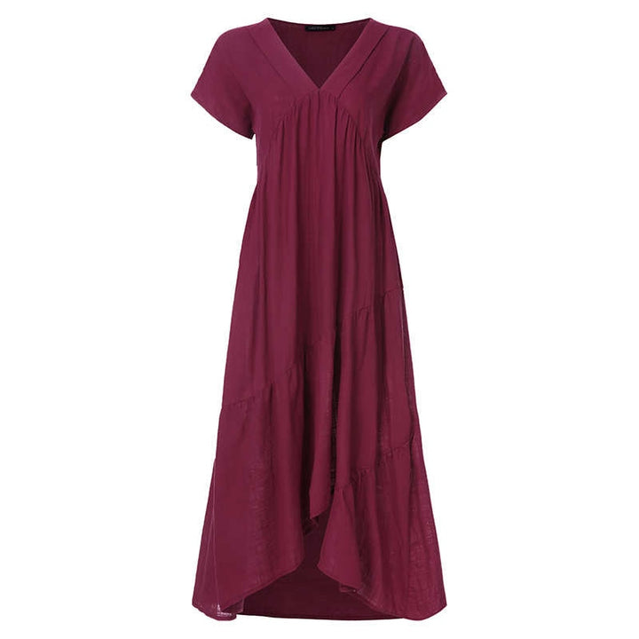Bohemian Breeze Women's Midi Sundress: Chic V-Neck, Asymmetrical Hem, Ruffle Detail