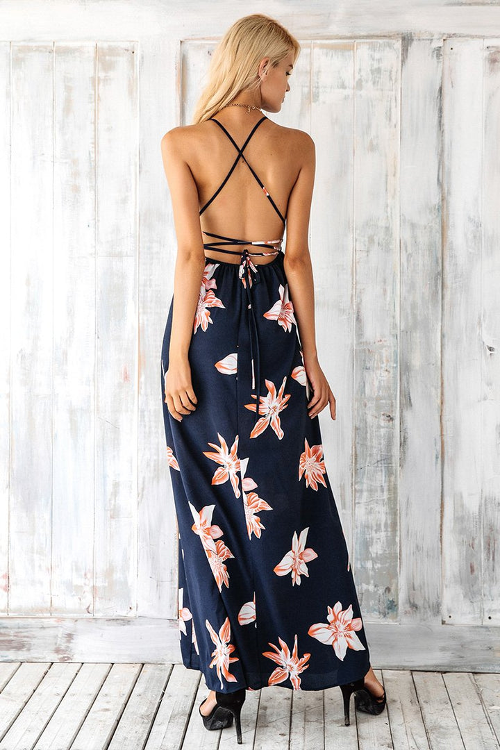 Boho Blossom Deep V-Neck Sleeveless Maxi Dress