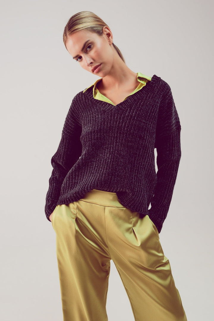 Dark Grey Knitted Chenille Jumper