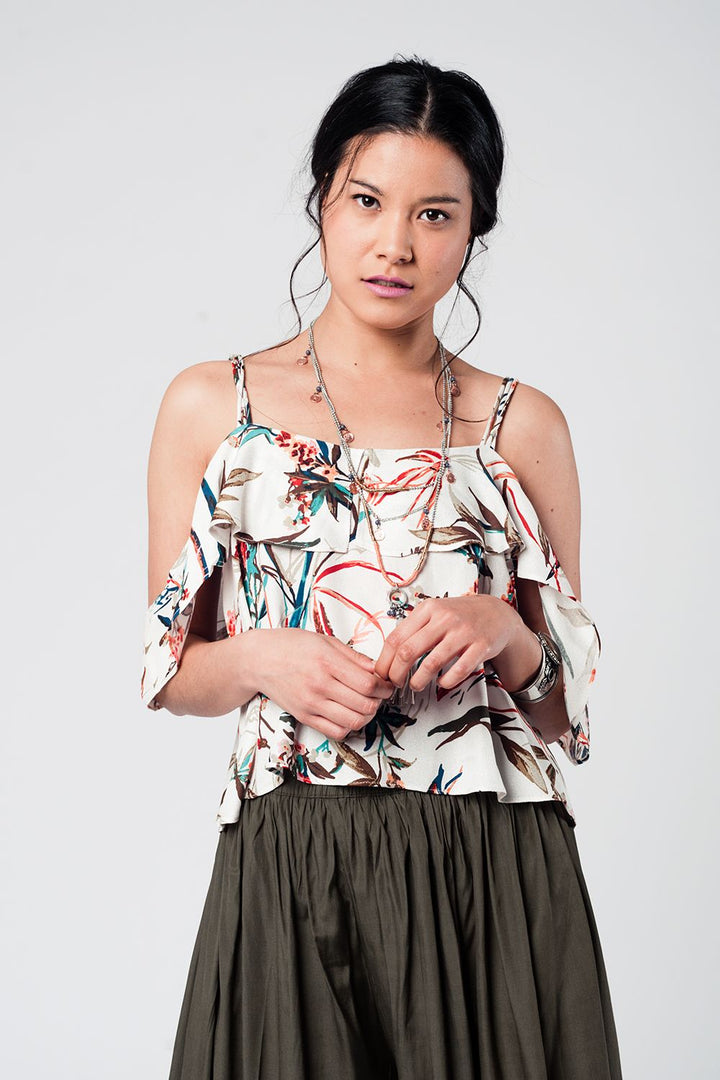 Ecru Cold-Shoulder Leaf Print Top with Bardot Neckline