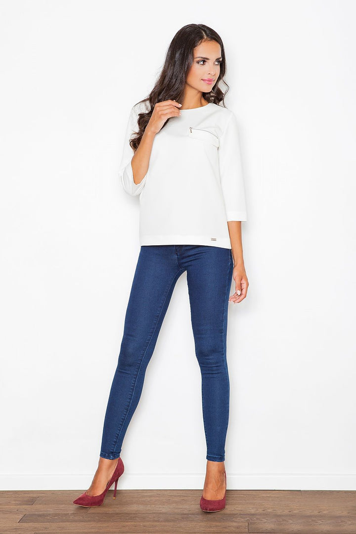 Boat Neck Blouse with Zipper Pocket
