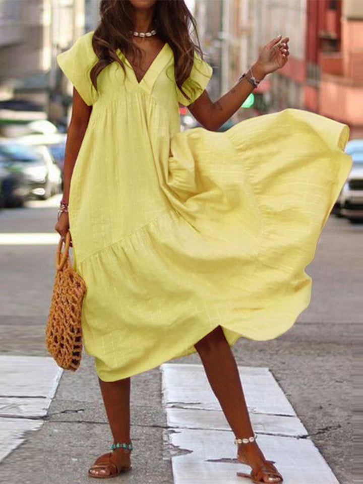 Bohemian Breeze Women's Midi Sundress: Chic V-Neck, Asymmetrical Hem, Ruffle Detail