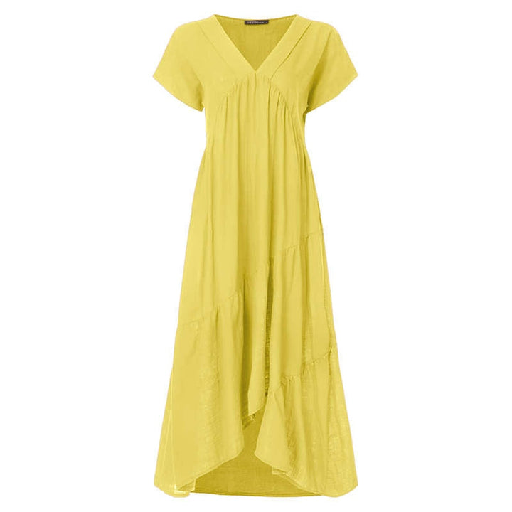 Bohemian Breeze Women's Midi Sundress: Chic V-Neck, Asymmetrical Hem, Ruffle Detail