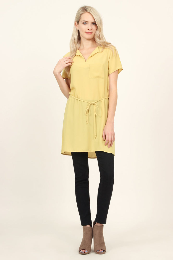 Self Tie Waist Pocket Tunic Blouse