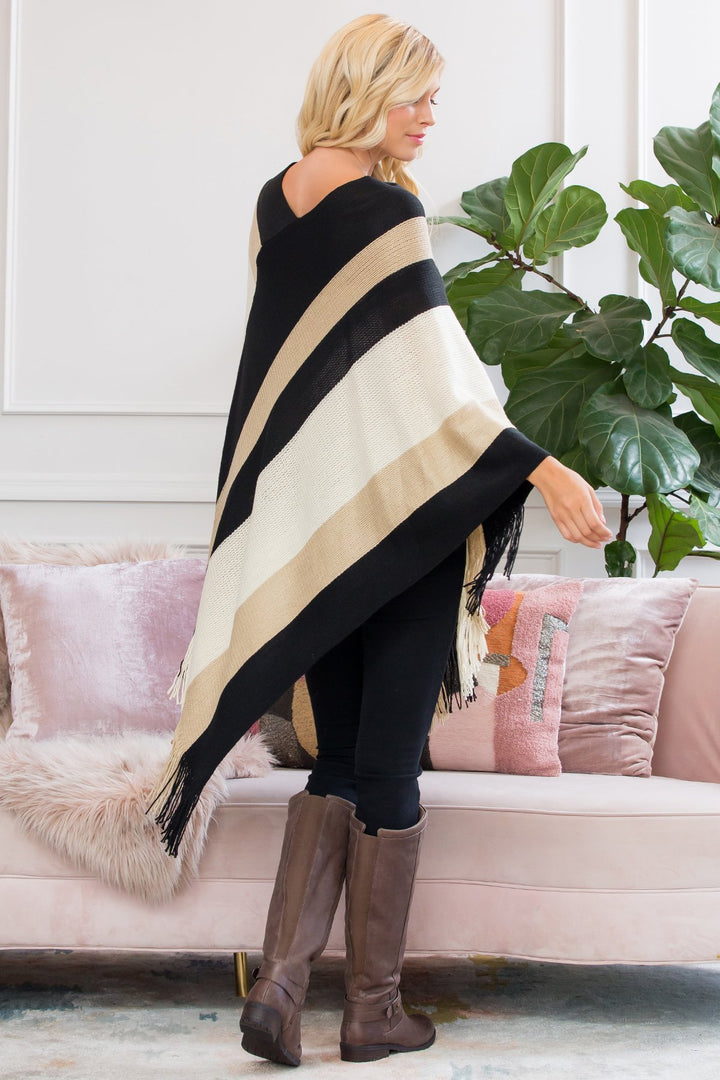 Beige Color Block Fringe Poncho