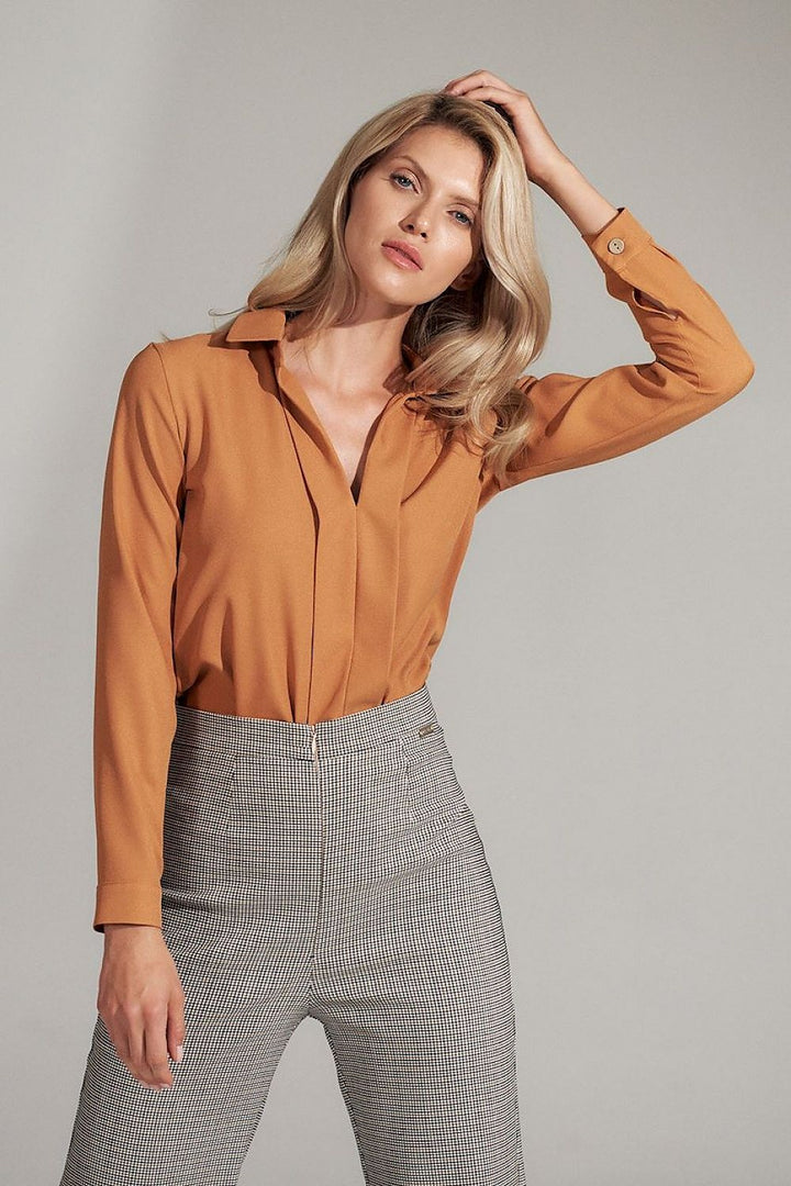 Brown Blouse with Pleated Collar and Jersey Neckline
