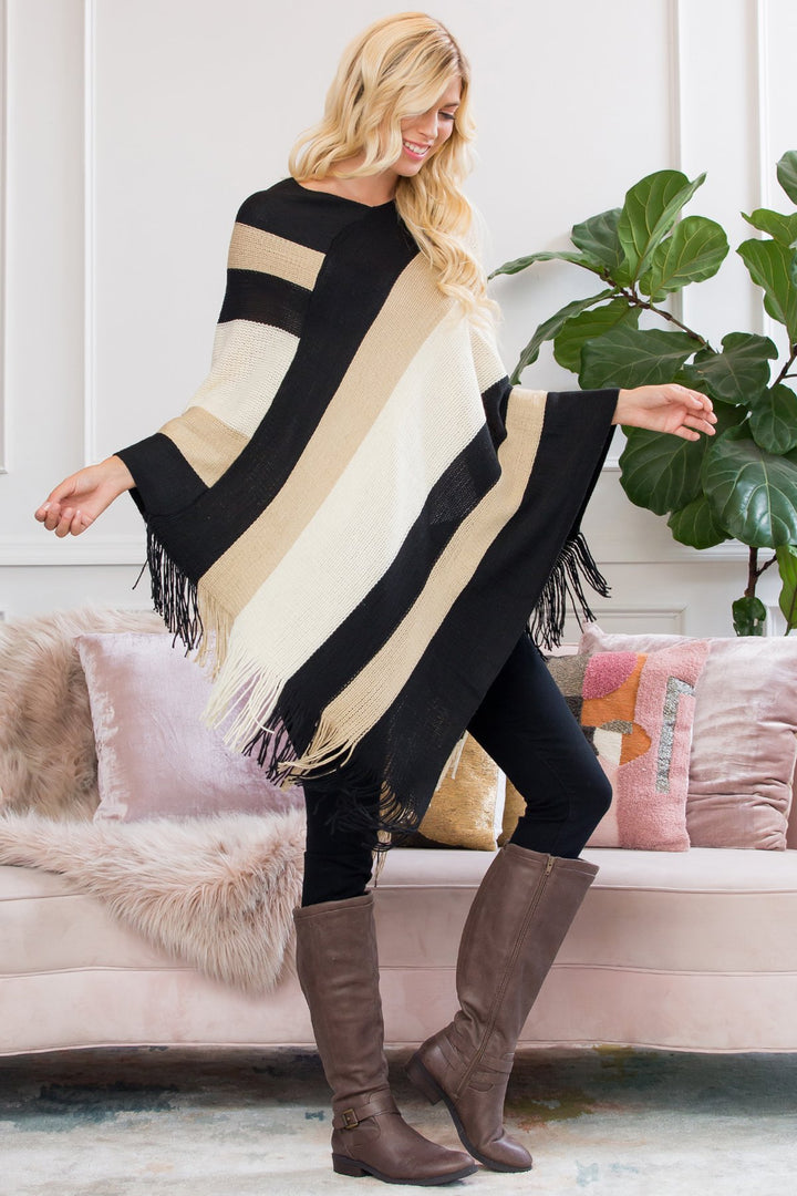 Beige Color Block Fringe Poncho