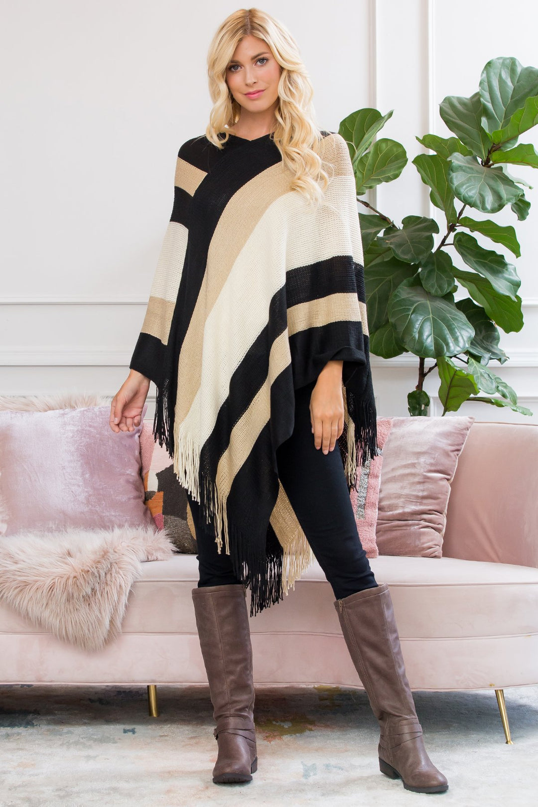 Beige Color Block Fringe Poncho