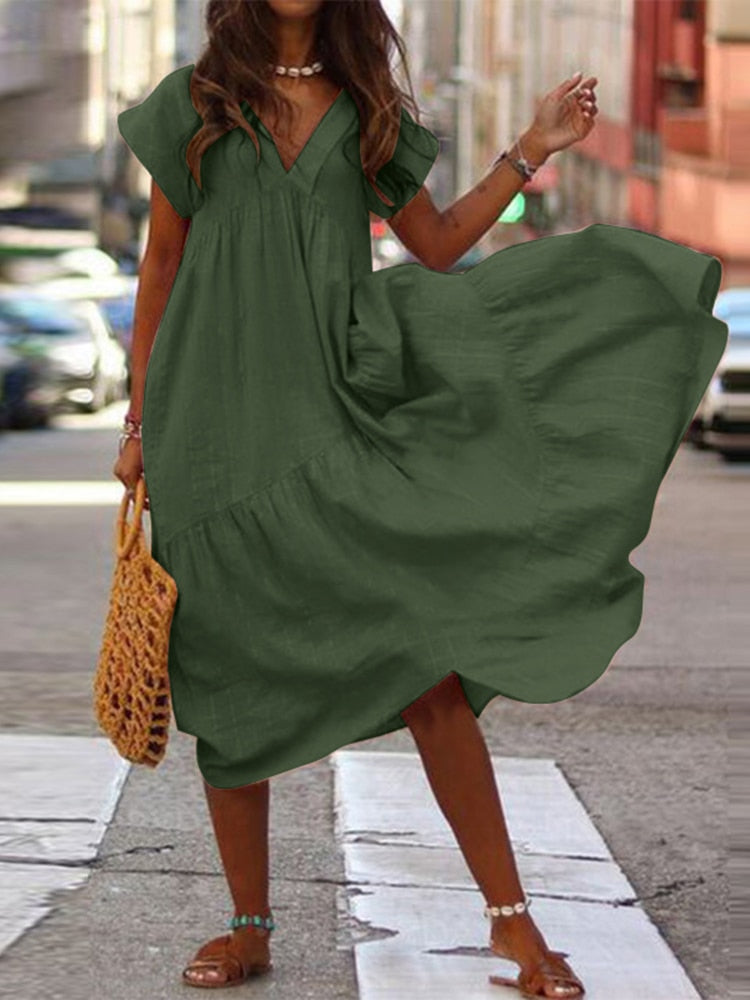 Bohemian Breeze Women's Midi Sundress: Chic V-Neck, Asymmetrical Hem, Ruffle Detail